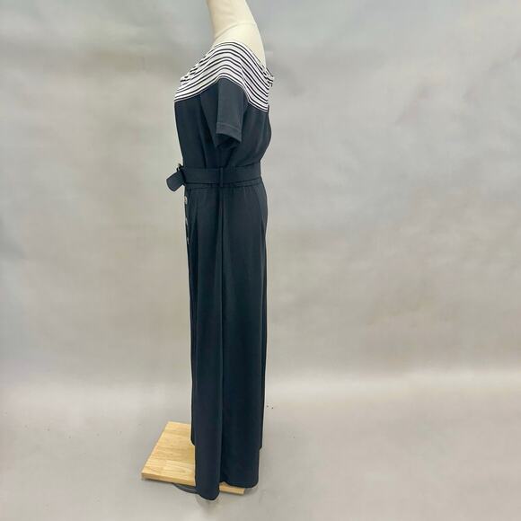 Vintage 90s Cache black slinky sailor nautical jumpsuit size 10 wide‎ slit leg - Picture 14 of 16